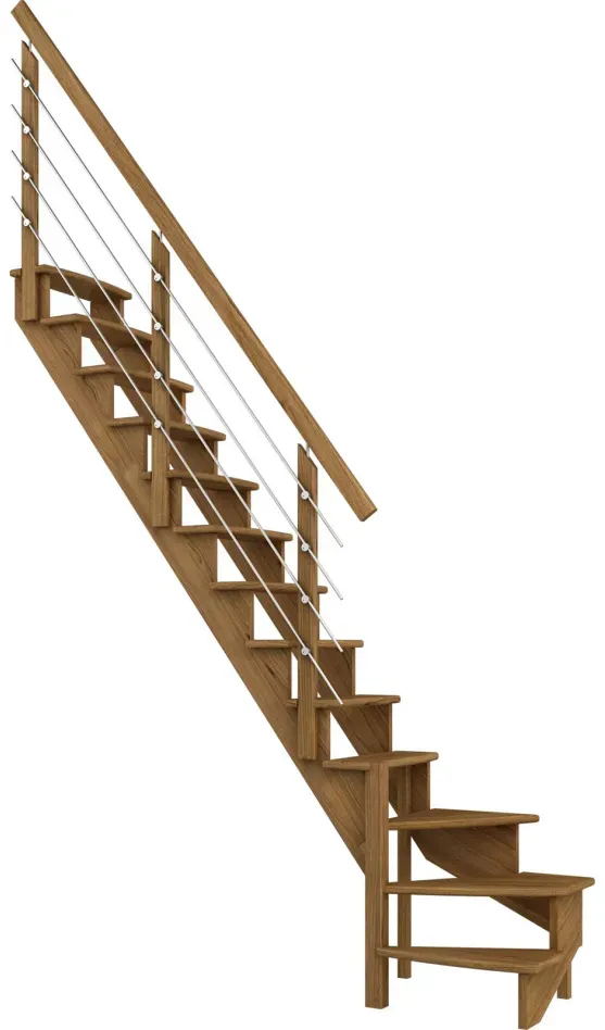 DOLLE Raumspartreppe Wangentreppe Lyon, 75 cm, 1/4 gewendelt,Edelstahlrohre links,Eiche,versiegelt