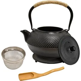 ad.con Teeservice aus Gusseisen 13-tlg mit Stövchen Teekanne 1,5L Schwarz mit Siebeinsatz Teetassen und Untersetzer Tee Set im japanischen Stil