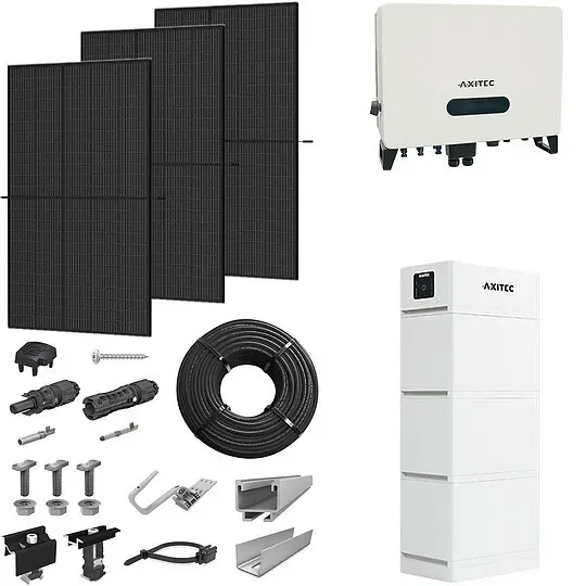 PV-Komplettanlage 10 kWp mit AXITEC Wechselrichter 10 kW + Stromspeicher 10,1 kWh, 24 Solarmodulen Glas-Glas full black & Montagesystem Aufdach (* 0% MwSt. gem. §12 Abs. 3 UstG)