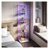 Simurq Glasvitrine Standvitrinen mit LED Beleuchtung, 3 Lagen Vitrinenschrank mit Glastür (1-St, Glas Vitrine mit 1 Glastür und 4 Lagen, Glasschrank mit Schloss) Sammlervitrine für Sammlerstücke, Modernes rahmenloses Design weiß