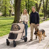 LAUSAINT HOME 4-Rad-Tierwagen, klappbarer übergroßer Hundewagen für mittelgroße und große Hunde mit integrierter Rampe, leichter Transportwagen für Hunde & Katzen mit atmungsaktivem Netz, Khaki