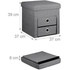 Relaxdays Sitzhocker mit Stauraum, 2 Schubladen, Griffe, faltbar, gepolstert, Hocker HBT: 39 x 37 x 37 cm, dunkelgrau