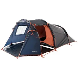 Tunnelzelt TAMBU Jangala 4 Personen Camping Zelt Blau mit Vorbau dunkelblau|orange 4 PERSONEN