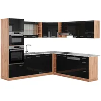 Vicco Eckküche, Schwarz Hochglanz, Honigeiche, Holzwerkstoff, L-Form,Formgebogen, 247x81.6x60 cm, Küchen, Eckküchen, Eckküchen ohne Geräte