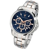 MASERATI Chronograph Maserati Edelstahluhr Chronograph, (Chronograph), Herrenuhr Edelstahlarmband, rundes Gehäuse, groß (ca. 52x44mm) blau silberfarben