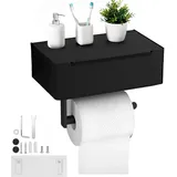 TIANLIN Toilettenpapierhalter Ohne Bohren, Toilettenpapierhalter mit Feuchttücherbox – 2-in-1 Aus Edelstahl, Matt Schwarz – Bohren Oder Kleben – Platzsparend für Bad, Küche, WC