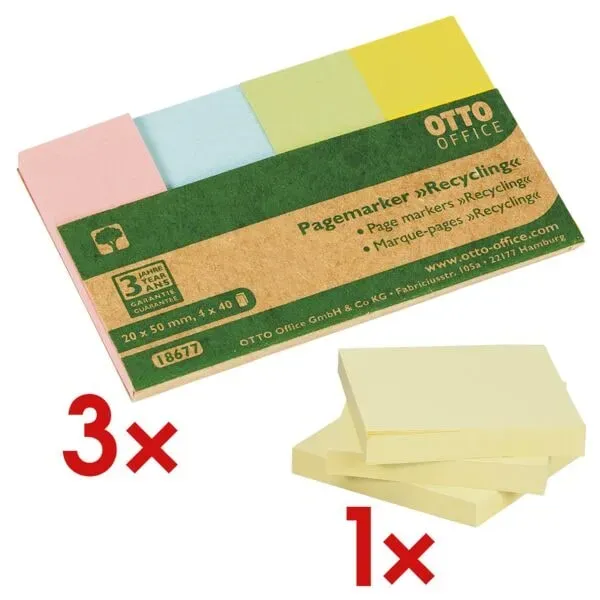 3x Pagemarker »Recycling« 20 x 50 mm inkl. 3er-Pack Haftnotizblock »Recycling No rosa, OTTO Office Nature, 2x5 cm