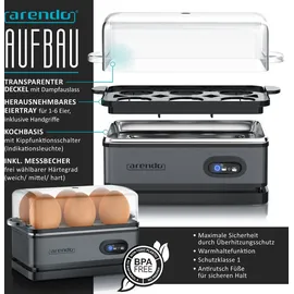 Arendo 3-teiliges Frühstücksset, Wasserkocher ELEGANT 1,5l, 4-Scheiben Toaster, 6er Eierkocher, Grau
