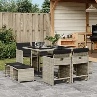 VidaXL 9-tlg. Garten-Essgruppe mit Kissen Hellgrau Poly Rattan