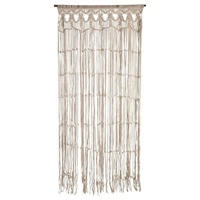 Türvorhang MACRAME, 90 x 200 cm, Creme, Baumwolle, Schlaufen, transparent, mit Holzstab und Seil zur Befestigung braun