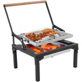 BRRIDE klappbarer Holzkohlegrill 360 Grad drehbaren Grillrost, Edelstahl BBQ Picknickgrill Räuchergrill Faltbar Tragbar Campinggrill für Outdoor Garten Party