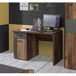 möbelando Schreibtisch Vyronas, Schreibtisch im Vintage-Design aus Spanplatte in Old Wood Vintage Nachbildung / Betonoptik Dunkelgrau mit 1 Holztür, 1 Schubkasten und 1 Einlegeboden. Breite 110 cm, Höhe 76,3 cm, Tiefe 60 cm