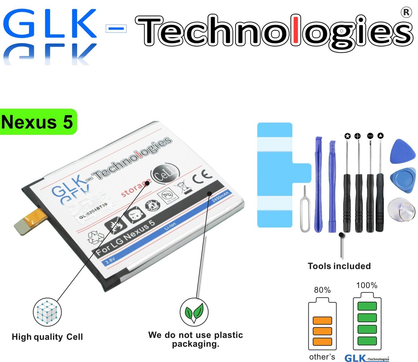 GLK-Technologies GLK-TECHNOLOGIES MEGA Akku für LG Google Nexus 5 D821 D820 BL-T9 battery NEU Smartphone-Akku 2450 mAh (3.8 V)