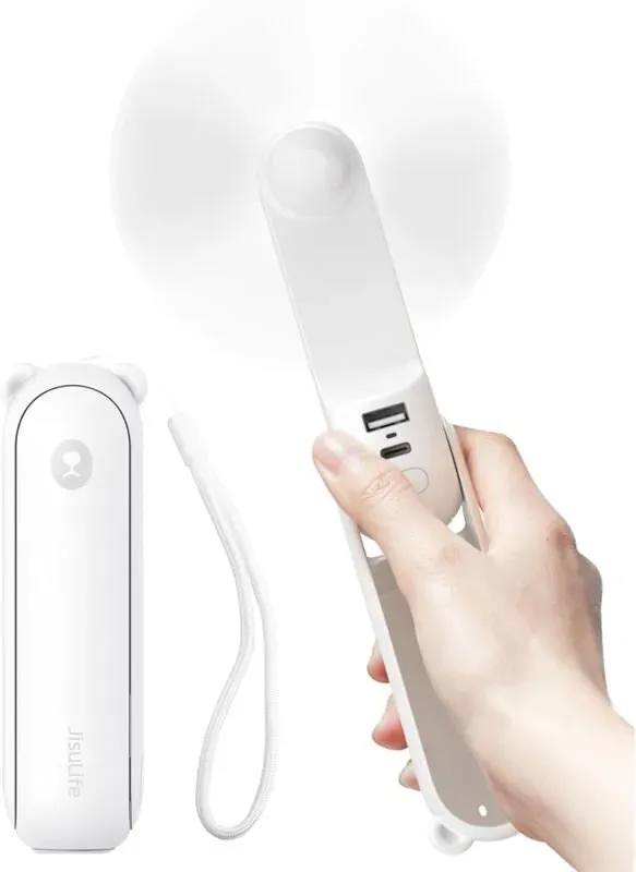 JISULIFE Mini-Handventilator F8X, 4500 mAh Powerbank [max. 37 Std. Laufzeit], Taschentauglich, 3 Geschwindigkeitsstufen, Geschenk für Damen, Herren und Kinder, Weiß