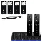 Wii Ladestation 4 in 1 Ladestation für Wii Controller mit 4 wiederaufladbaren Batterien und LED-Anzeigen für Wii-Fernbedienung (schwarz)