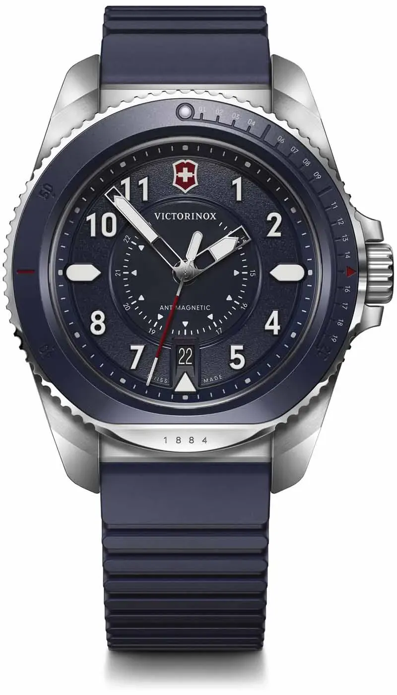 Victorinox Journey 1884 43mm, silver stainless steel case blue aluminium bezel/ dial/ rubber strap