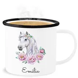 Emaille Becher Blechbecher - Pferde - Pferdekopf Motiv mit Name personalisiert I Pferdemotiv I Pferd Name - 300 ml - Weiß Schwarz - tasse pferden pferdemädchen tassen