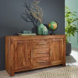 Kadima Design Elegantes Sideboard Sheesham, 3 Schubladen, 2 Türen, Landhaus-Stil. 118x40x70 cm