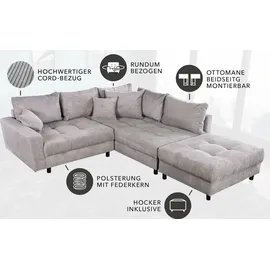 Riess-Ambiente Ecksofa KENT 220cm hellgrau Cord inklusive Hocker L-Form Wohnlandschaft