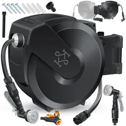 KESSER® Schlauchtrommel mit Gartenschlauch   Wasserschlauchtrommel zur Wandmontage   Wandhalterung   180° schwenkbar & automatische Aufrollung   Wand-Schlauchbox inkl. 7-Funktionen Handbrause