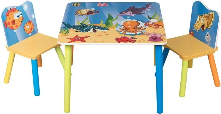 Woltu Kindertisch und 2 Stühle Set, Ozean-Motiv, Abgerundete Ecken, Sicheres MDF, Für Vorschulkinder und Kinderzimmer
