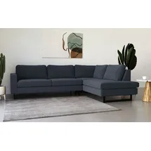 PLACES OF STYLE Ecksofa »Pinto, 290 cm, Cord, Chenille, Lederoptik, Ottomane links / rechts«, mit Keder, schwarze Metallfüße, Wellenunterfederung blau
