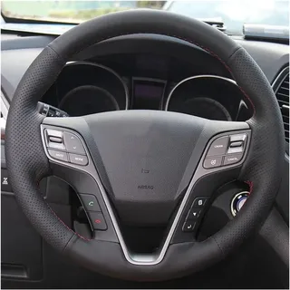 Lenkradbezug Auto Für Hyundai Für Santa Für Fe 2013 2014 2015 Auto Innen Hand Nähen Auto Zubehör Schwarz Leder Geflecht Auto Lenkrad Abdeckung Auto Lenkradschutz(Black Thread)