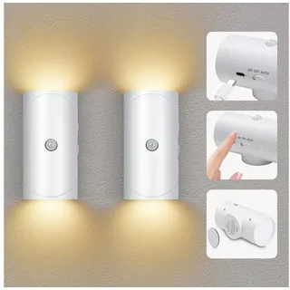 PRIISF Bewegungsmelder LED Nachtlicht Kabellose AKKU Wandleuchte LED Sensor Steckdosenleuchte, (Akku Kabellose Wandlampe Als Taschenlampe verwendbar, Nachtlampe LED Unterbauleuchte Oberen und Unteren Beleuchtung), Lampe Wand Strahler Licht Up Down Warmweiß Treppenlicht weiß