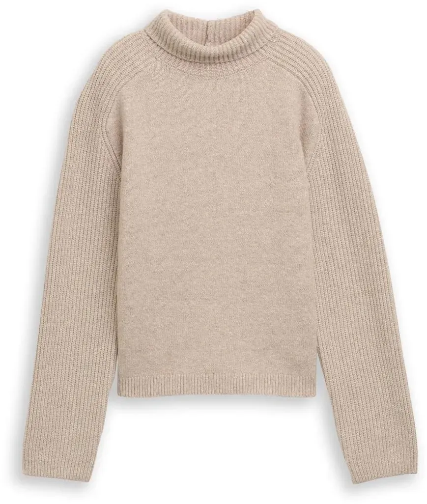 TOM TAILOR DENIM Damen Relaxed Fit Strickpullover mit Stehkragen, beige, Meliert, Gr. S
