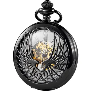 TREEWETO Unisex Taschenuhr mit Kette Analog Handaufzug Adler Skelett R?mische Ziffern Schwarz