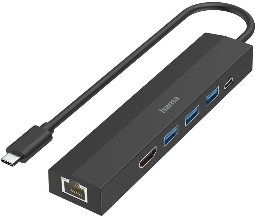 Hama USB-Hub 6 Ports (3x USB-A, USB-C, HDMI, LAN/Ethernet, für Maus, Tastatur, Monitor, Netzwerk etc., bis zu 5 Gbit/s, Ultra HD, 4K, Thunderbold, Power Delivery), Klein