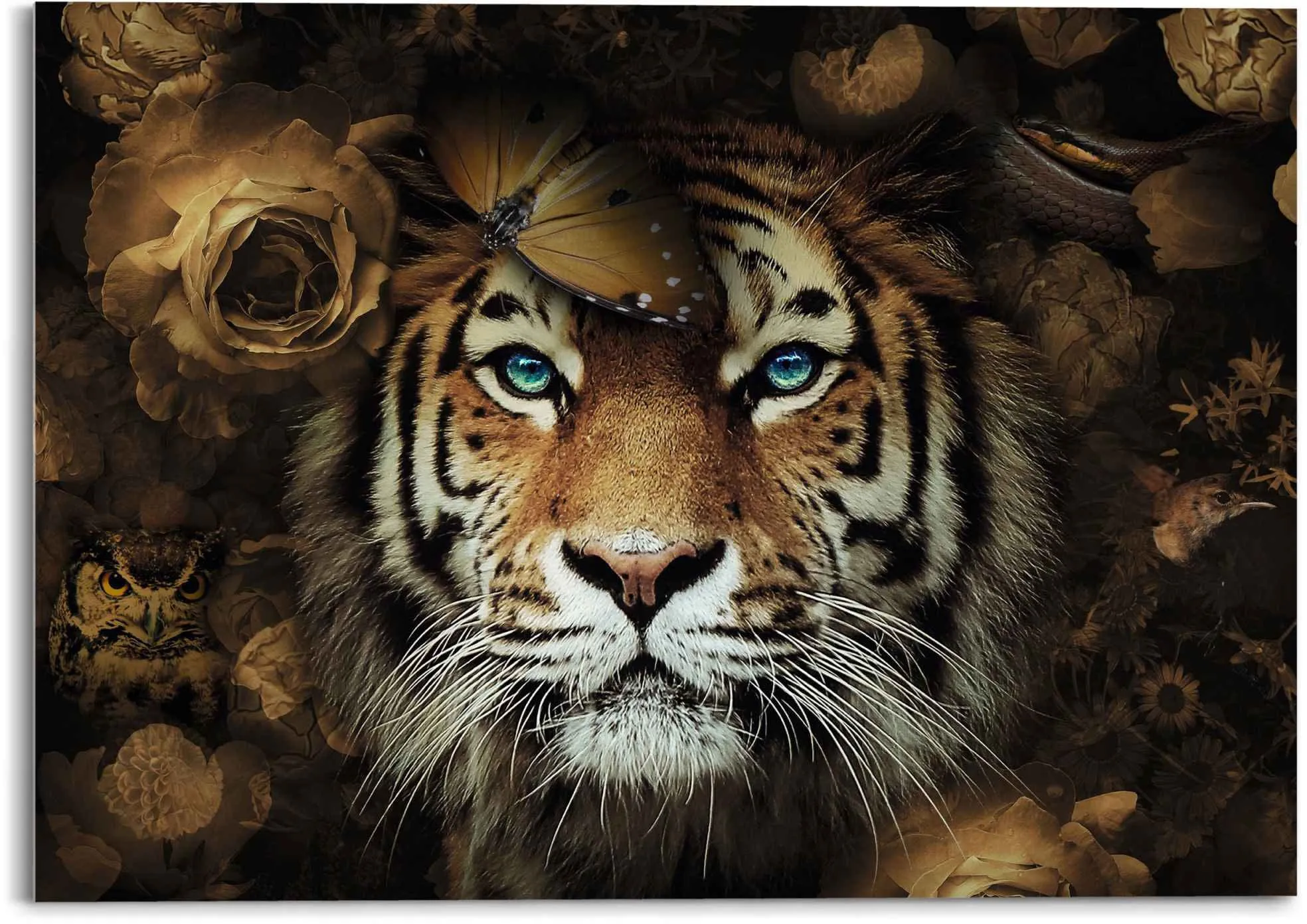 Reinders! Glasbild »Glasbild Tiger Tierreich - Blumen - Herbstfarben - Blaue Augen«, Tiger, (1 St.) Reinders! braun