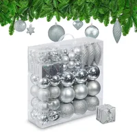 Relaxdays Weihnachtskugeln 110er Set, Kunststoff, Weihnachtsbaumdeko mit Kugeln & Lametta, Christbaumschmuck, Silber