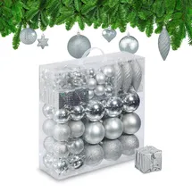 Relaxdays Weihnachtskugeln 110er Set, Kunststoff, Weihnachtsbaumdeko mit Kugeln & Lametta, Christbaumschmuck, Silber