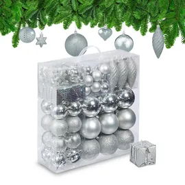 Relaxdays Weihnachtskugeln 110er Set, Kunststoff, Weihnachtsbaumdeko mit Kugeln & Lametta, Christbaumschmuck, Silber
