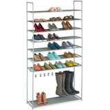 Relaxdays Schuhregal 8 Ebenen, Stecksystem, 32 Paar Schuhe, 7 Stiefelhaken, Metall & Stoff, Flur Schuhablage, grau