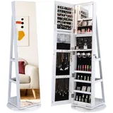 GOPLUS Schmuckschrank mit Ganzkörperspiegel, 360° drehbarer Spiegelschrank mit 3-farbigem LED-Licht, Schmuckaufbewahrung abschließbar (Weiß)