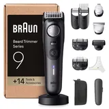 Braun Barttrimmer Series 9, mit 14 Barber-Tools, Power Boost & Lebenslang scharfe ProBlade Klinge, 180 Min Akkulaufzeit, Mit Fade, 52 Längen, Präzisionsrad & Verriegelung, Wasserdicht, BT9565, Titan