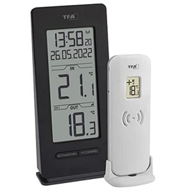 TFA Dostmann Funk Thermometer Innen/Außen, 30.3072.01.90, inkl Funkuhr und Datum, Max.-Min. Funktion, kabellos, Amazon Exklusiv, schwarz