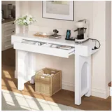 BlingBin Konsolentisch Schmaler Beistelltisch Flurtisch (1-St., mit 2 Schubladen, Steckdosenleisten und verstellbaren Fußpolstern), 120×35.5×76.5 cm, Gitterdesign, für Diele, Flur, Wohnzimmer weiß