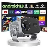 360° Drehbar Mini Beamer 1080P Android 11.0 Wandprojektor mit Lautsprecher, Netflix, Auto-Fokus 2+16GB TV Beamer Bluetooth