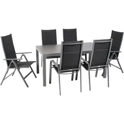 Gartenmöbel-Set Grenada 6, 7-teilig, rechteckiger Tisch, Klappsessel, Stapelstühle, Aluminium, Textilene, schwarz, Glas-Tischplatte, für Garten, Terrasse, Wintergarten