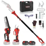 TEENO 4-In-1 Akku Astschere, 6 Zoll Mini Kettensäge mit Teleskopstiel & 40 mm Elektro Gartenschere, Astsäge Akku mit 2 x 4000mAh Batterien, Maximale Reichweite bis 2,8 m