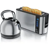Arendo Frühstücks-Set, Wasserkocher Edelstahl 1,7l, 2 Scheiben Langschlitztoaster, Toaster 2 Scheiben, Frühstücksset, Wasserkocher Retro, 2200W... - Silber