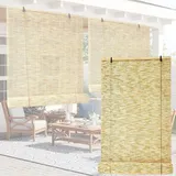 Bambusrollo Outdoor Vorhang Wetterfest, Bambus Rollo Jalousie Vorhang Sonnenschutz Mit Lifter für Fenster, Tür, Balkon, Garten, Wetterfest Aussen Außenrollo Ohne Bohren 10-180cm Breite(Natürliche)
