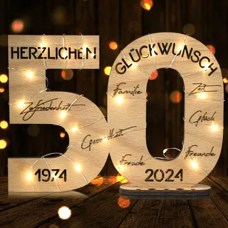 DARO Design - 2024 Holz-Schild Gästebuch mit LED Lichterkette 3m - Geburtstag Jubiläum - Deko Zahlen 50 Jahre mit Jahreszahlen