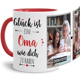 Tassendruck Fototasse mit Spruch für Oma - Glück ist, jemanden wie Dich zu haben - zum Selbst gestalten mit 2 Fotos, Innen & Henkel Rot, 300 ml