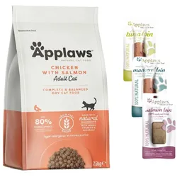 Applaws trockenes Katzenfutter 7,5kg - mit Huhn und Lachs + Rinderfilet 3x30g mix