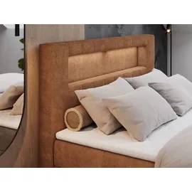 MKS Meble Boxspringbett 140x200 mit Led, Polsterbett mit LED Kopfteil - Multipocket-Matratze - Doppelbett - GOLD-5 - 140x200 - Orange - Struktur - H4 - Orange