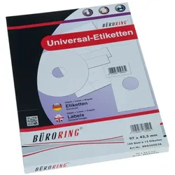 Büroring Etiketten, 97x42,3mm, 1200 Etiketten, weiß, für Laser-, Farblaser-, Inkjetdrucker, Kopierer, lösungsmittelfrei, Blattformat: DIN A4
